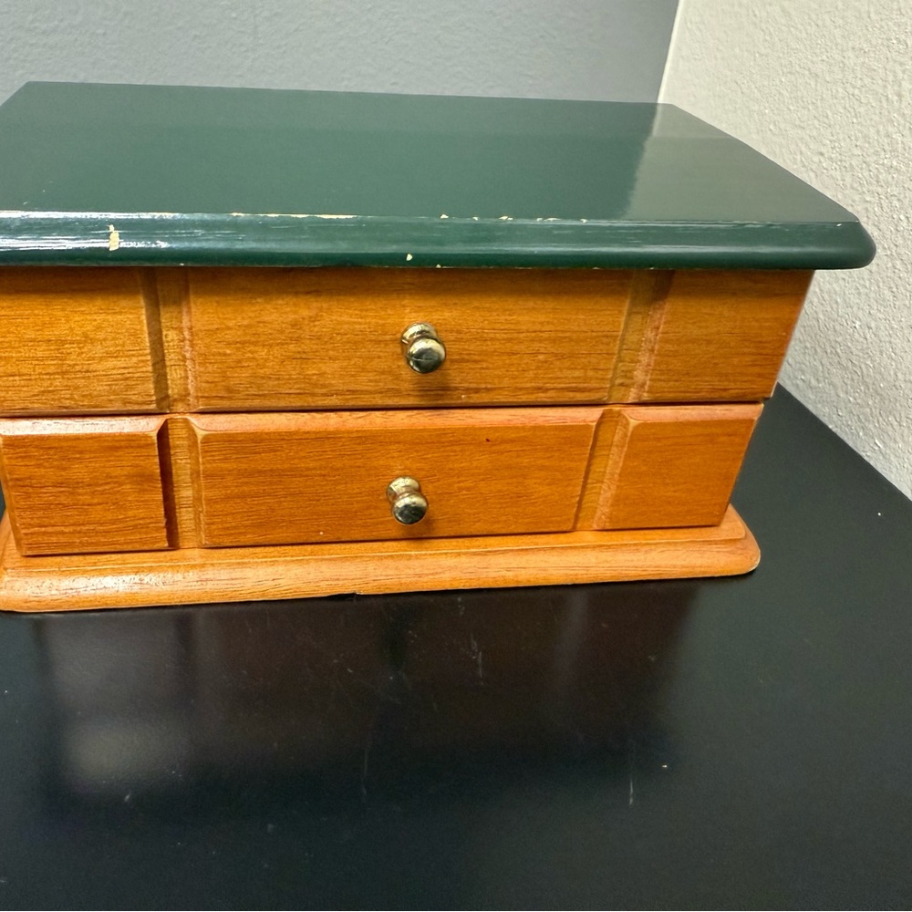 Vintage solid Wooden jewelry Storage Box with Green Lid Mirror & two drawers